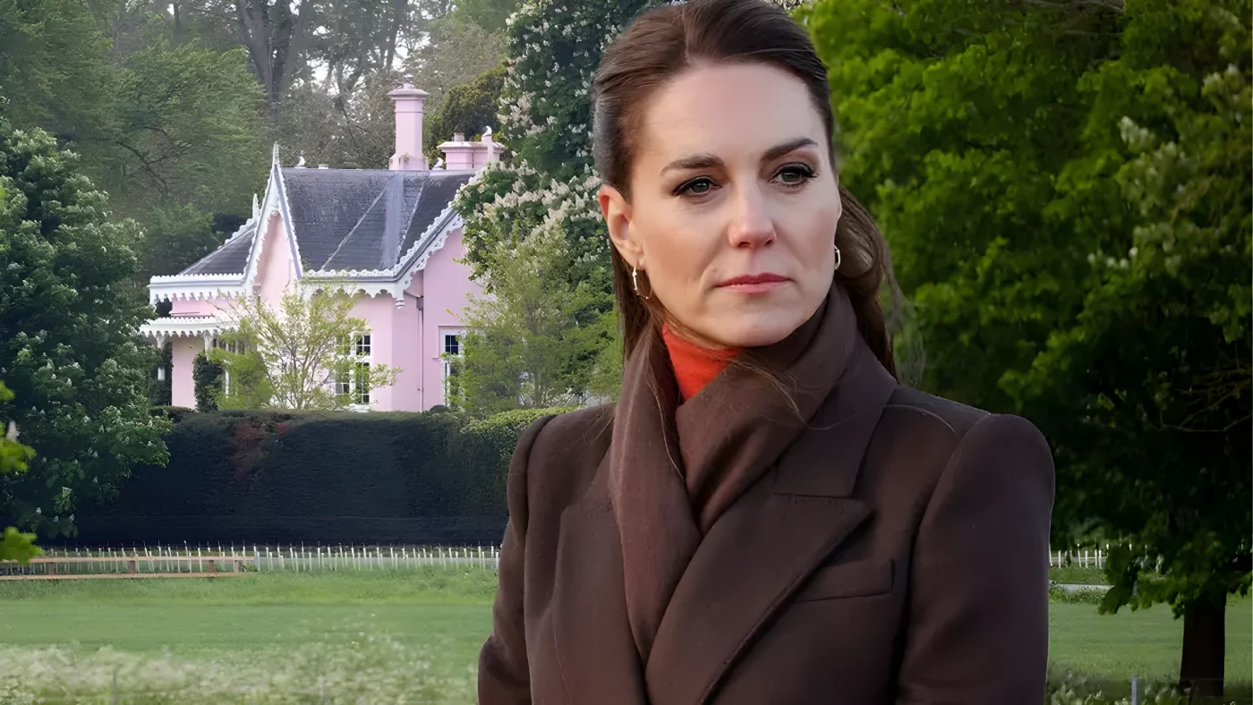 Princess Kate in brown coat over image of adelaide cottage