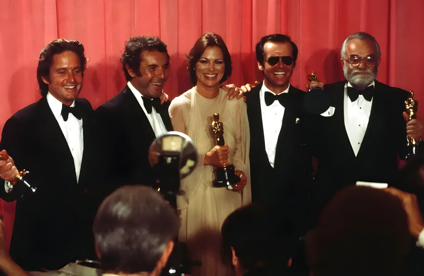 Producers Michael Douglas, Saul Zaentz, Director Milos Forman with Actor Jack Nicholson with actress Louise Fletcher pose backstage after winning "Best Actor" , "Best Actress" "Best Picture" and "Best Director" for "One Flew Over the Cuckoo's Nest" during the 48th Academy Awards at Dorothy Chandler Pavilion in Los Angeles,California.