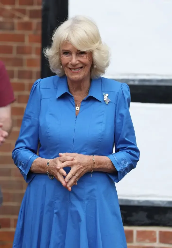Queen Camilla wears a blue dress
