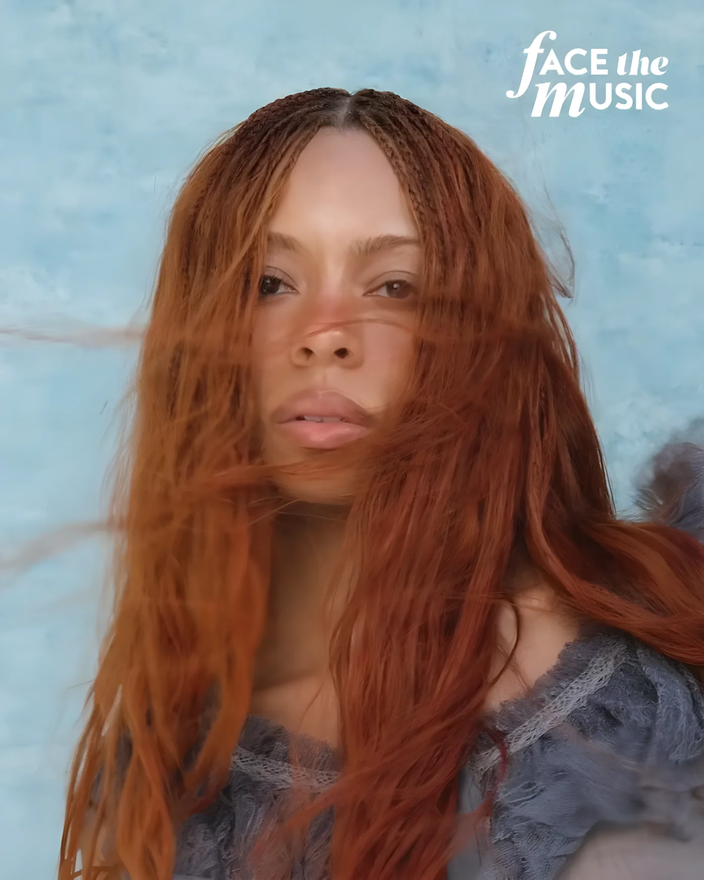 Ravyn Lenae posing in front of a textured blue background with text Face the Music in the corner