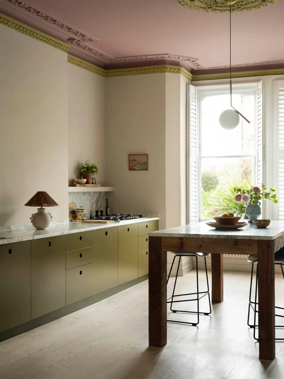 room with a pink ceiling and olive green skirting and ceiling rose
