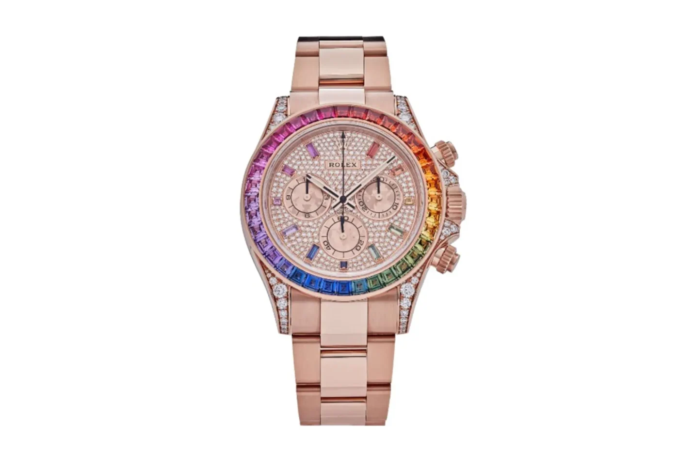 Rose gold Rolex Daytona 116595RBOW with a rainbow sapphire bezel and diamond-encrusted dial.