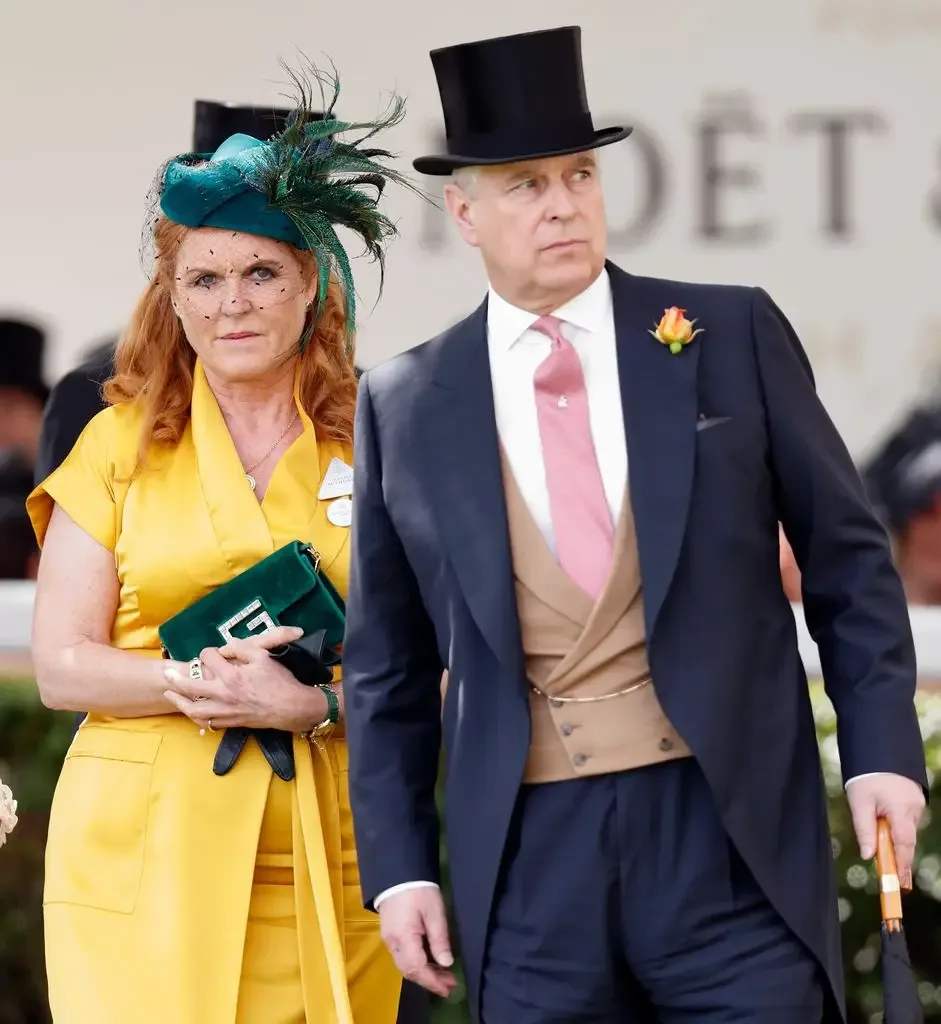 Sarah Ferguson in a yellow dress and Andrew Mountbatten-Windsor in morning dress at Royal Ascot in 2019