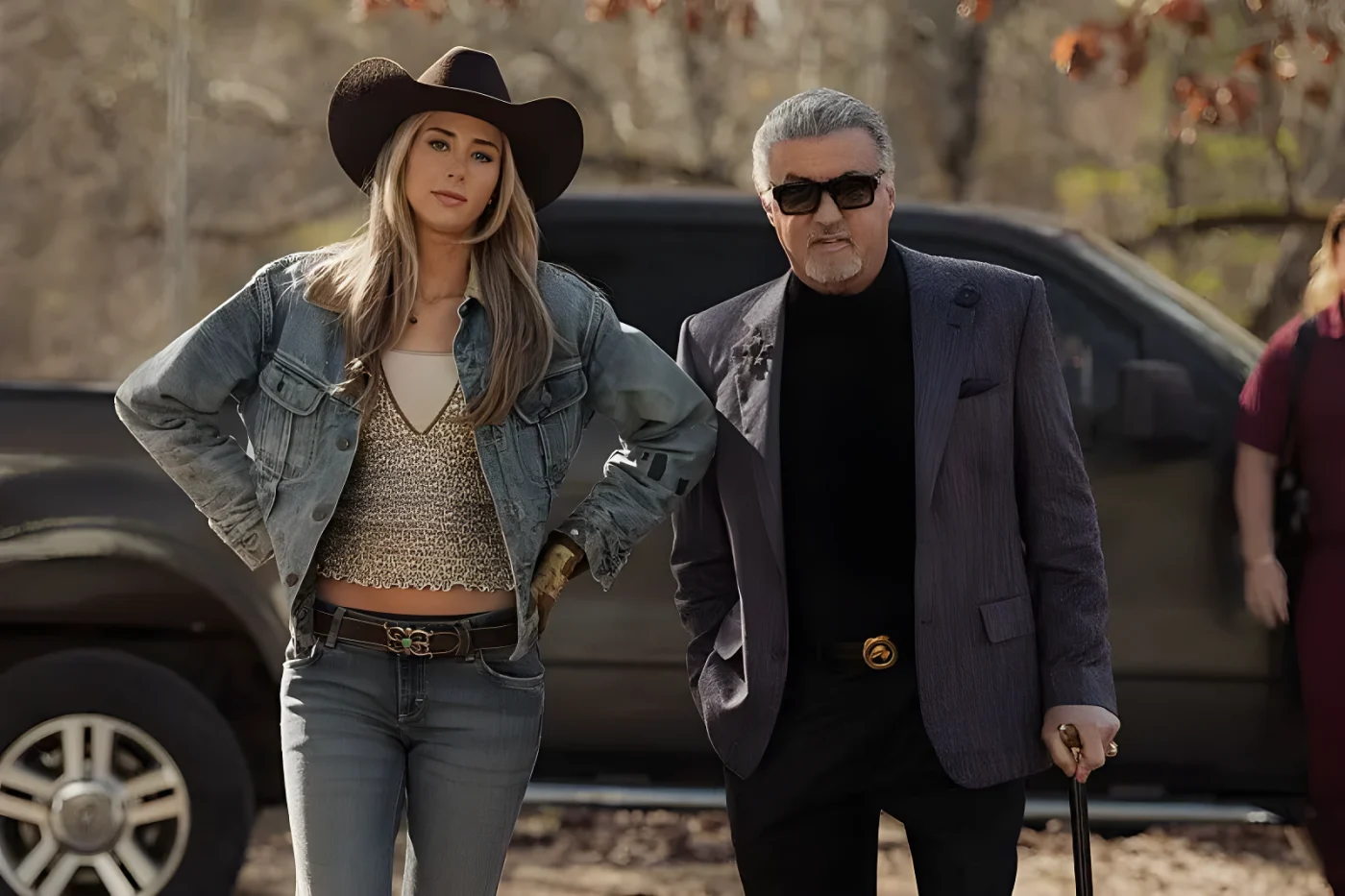 Scarlet Stallone as Spencer and Sylvester Stallone as Dwight Manfredi in Tulsa King, season 4