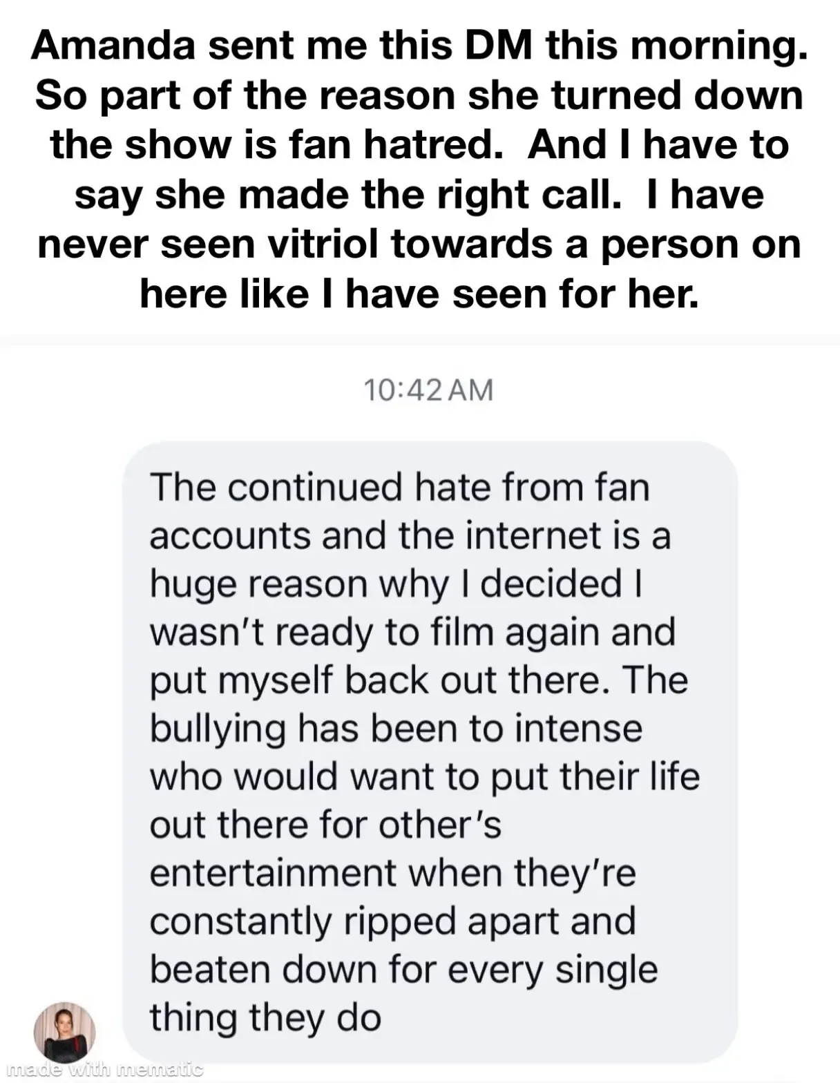 Screenshot of a direct message from Amanda Batula explaining that fan hatred and bullying were major reasons for her decision not to film again.
