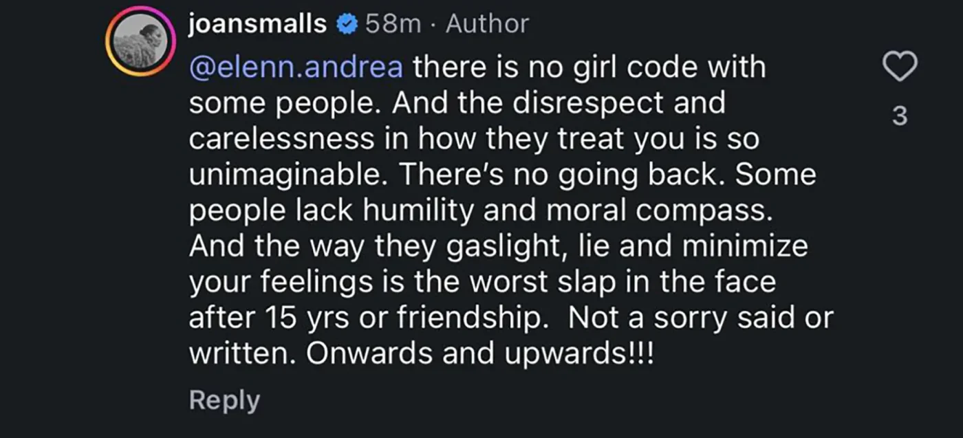 Screenshot of an Instagram comment by Joan Smalls criticizing a former friend for a lack of loyalty and respect after 15 years of friendship.