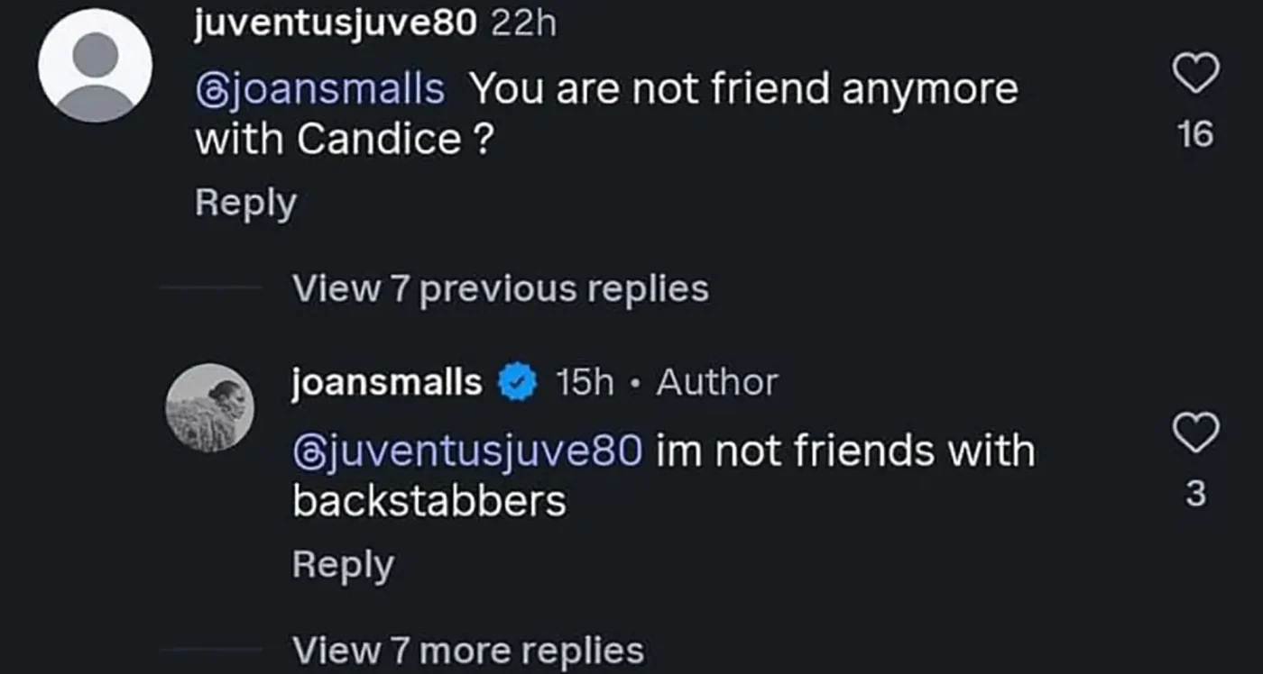 Screenshot of an Instagram comment thread showing Joan Smalls replying to a user