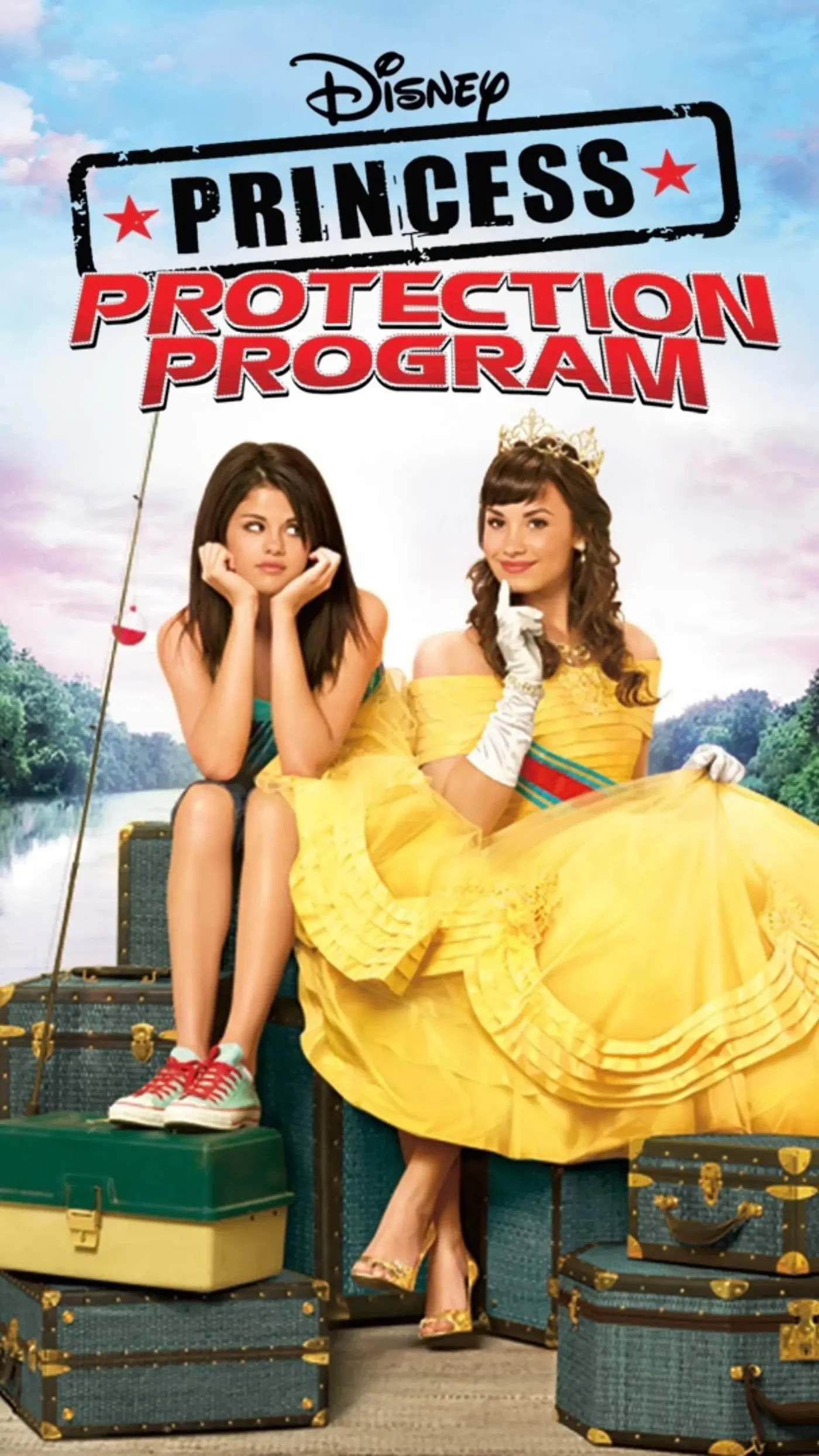 Selena Gomez and Demi Lovato posing on luggage for the Princess Protection Program poster.