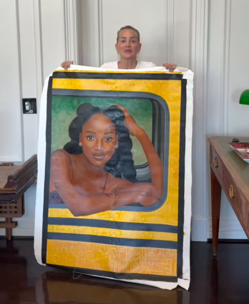 Sharon Stone showing off her new artwork in home