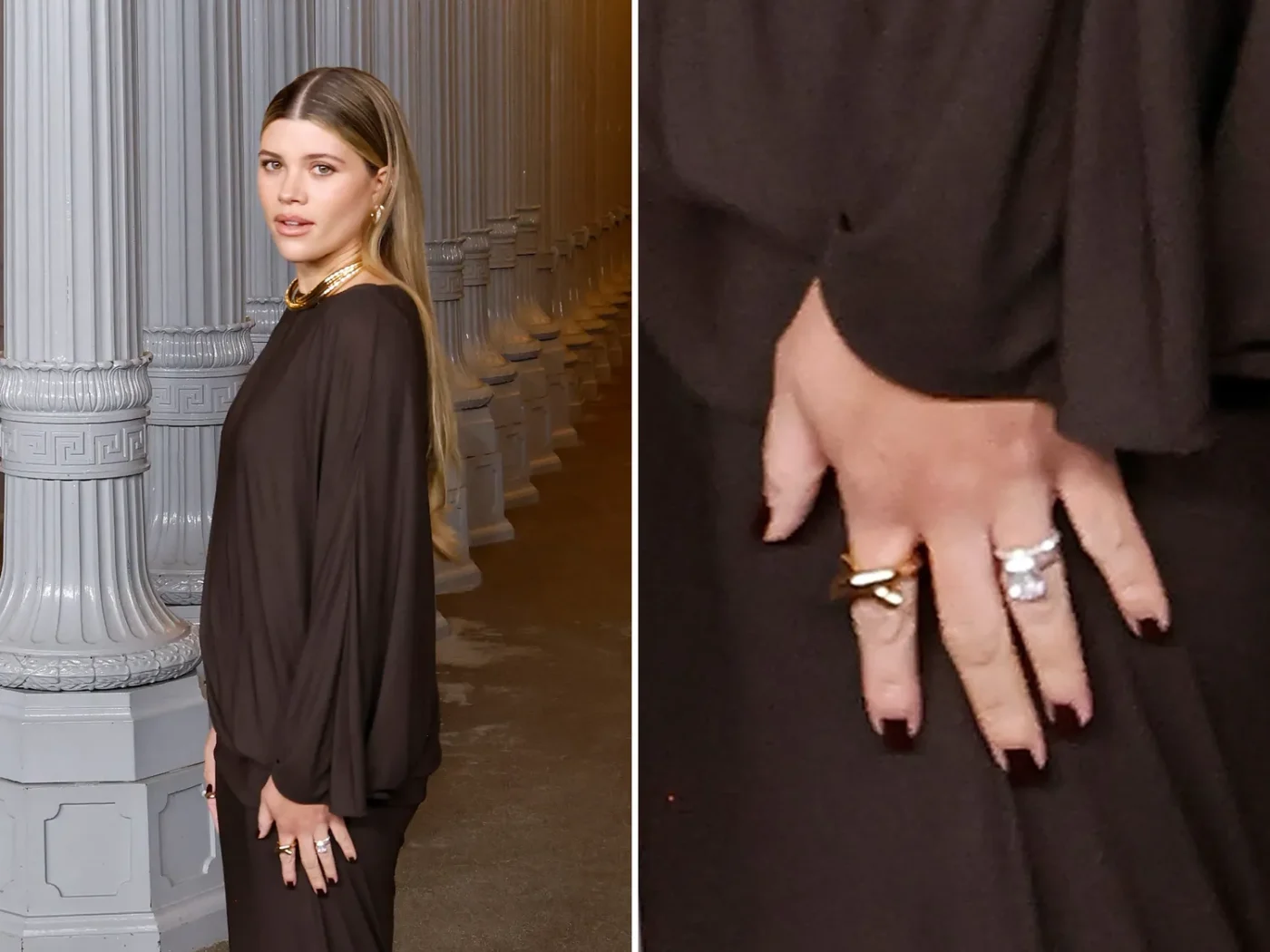 Sofia Richie wearing rings on her hand posing near decorative columns