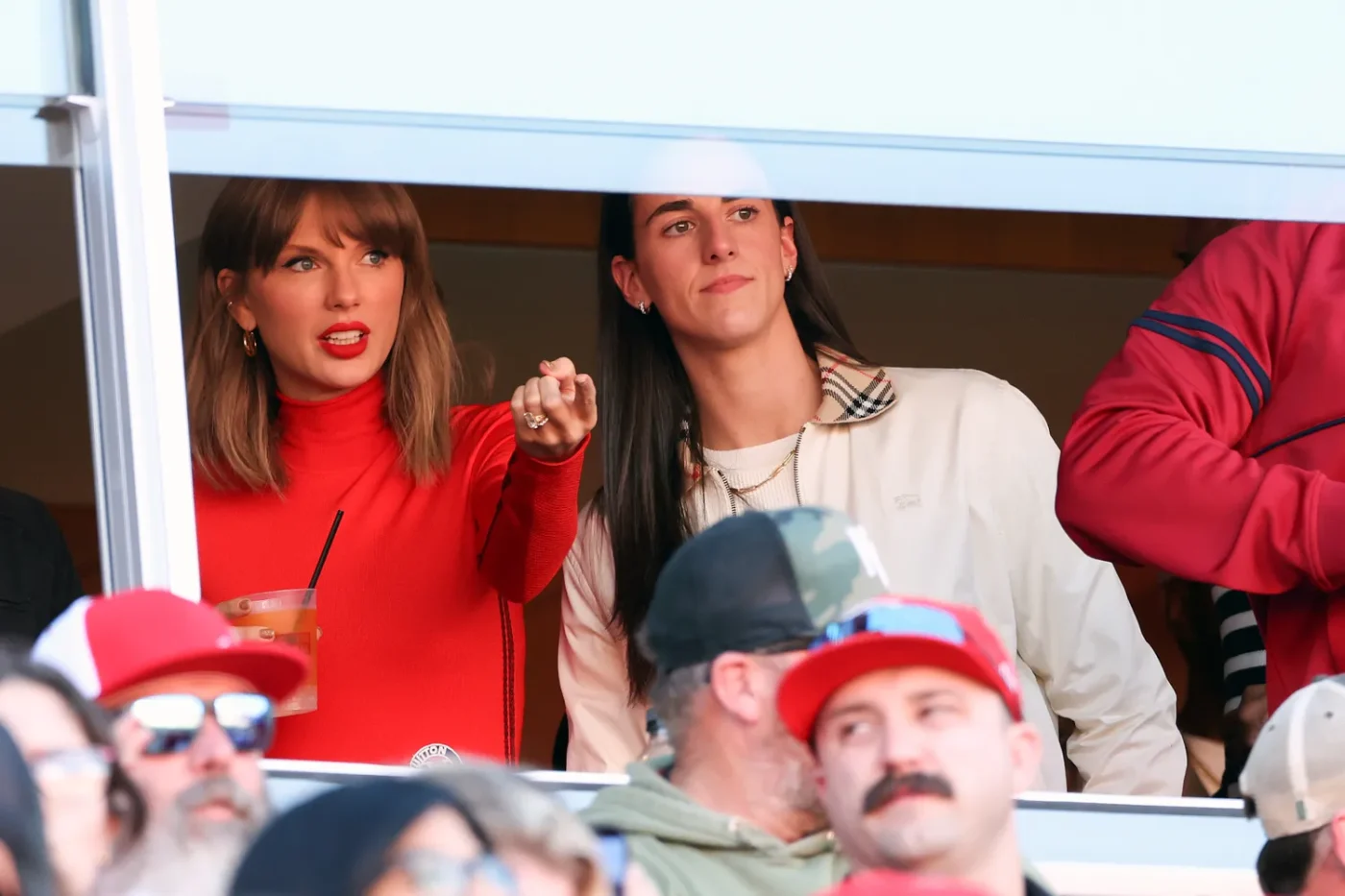 Taylor Swift and Caitlin Clark at a Kansas City Chiefs game on October 18, 2026 in Kansas City, Missouri.