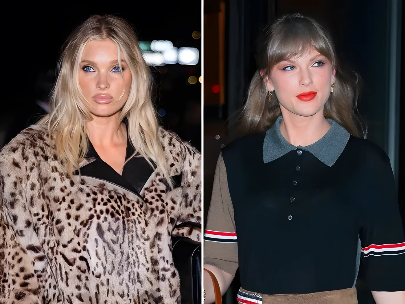 Taylor Swift and Elsa Hosk each featured in sidebyside photographs outdoors at an event
