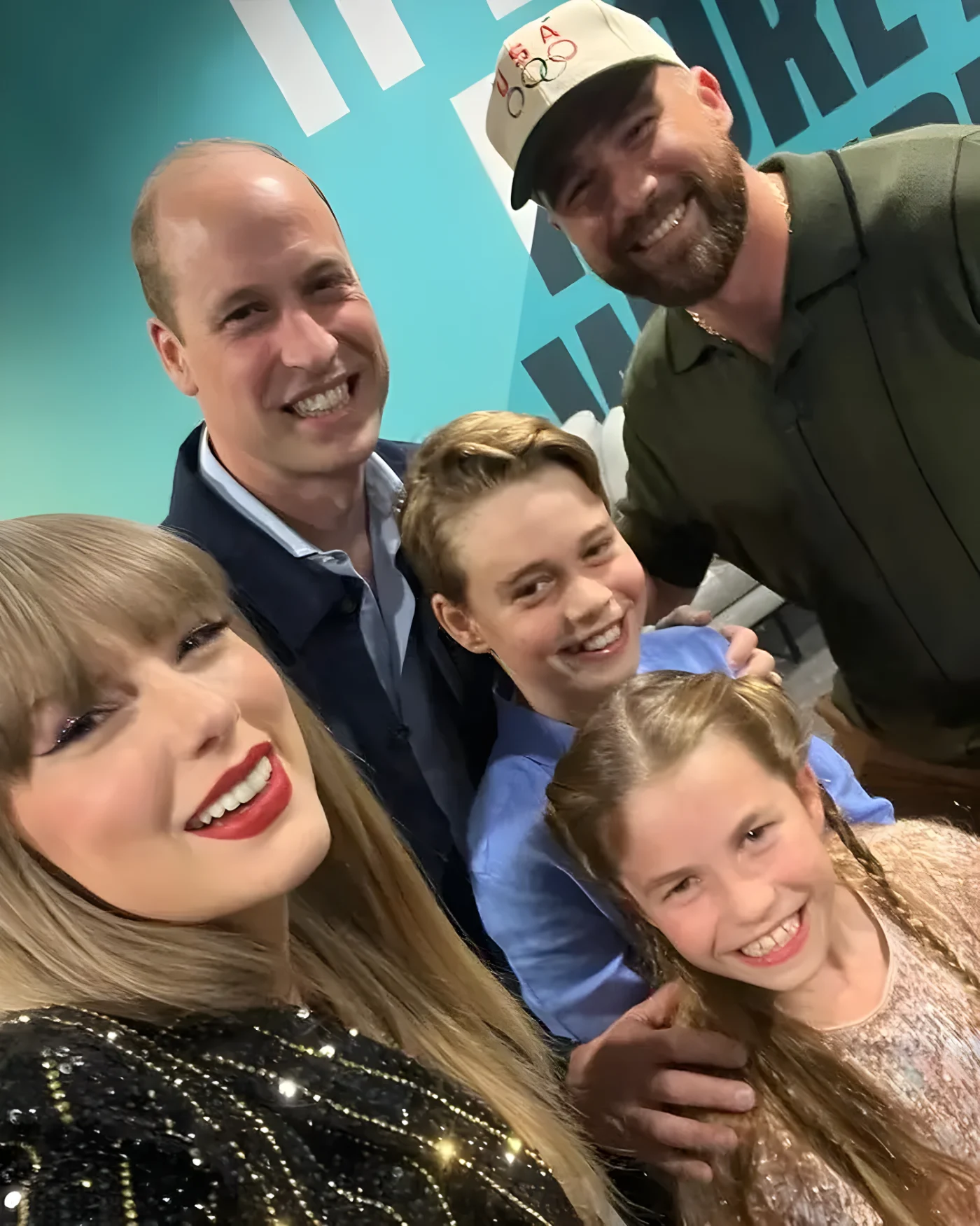 Taylor Swift takes selfie with Prince William, Princess Charlotte, Prince George, and Travis Kelce at Wembley Stadium in 2024