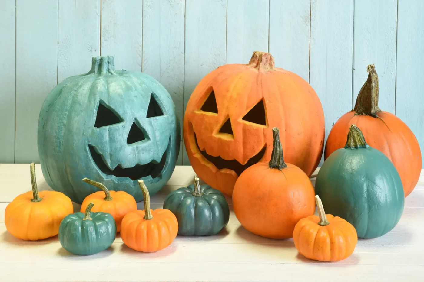 Teal and orange pumpkins.