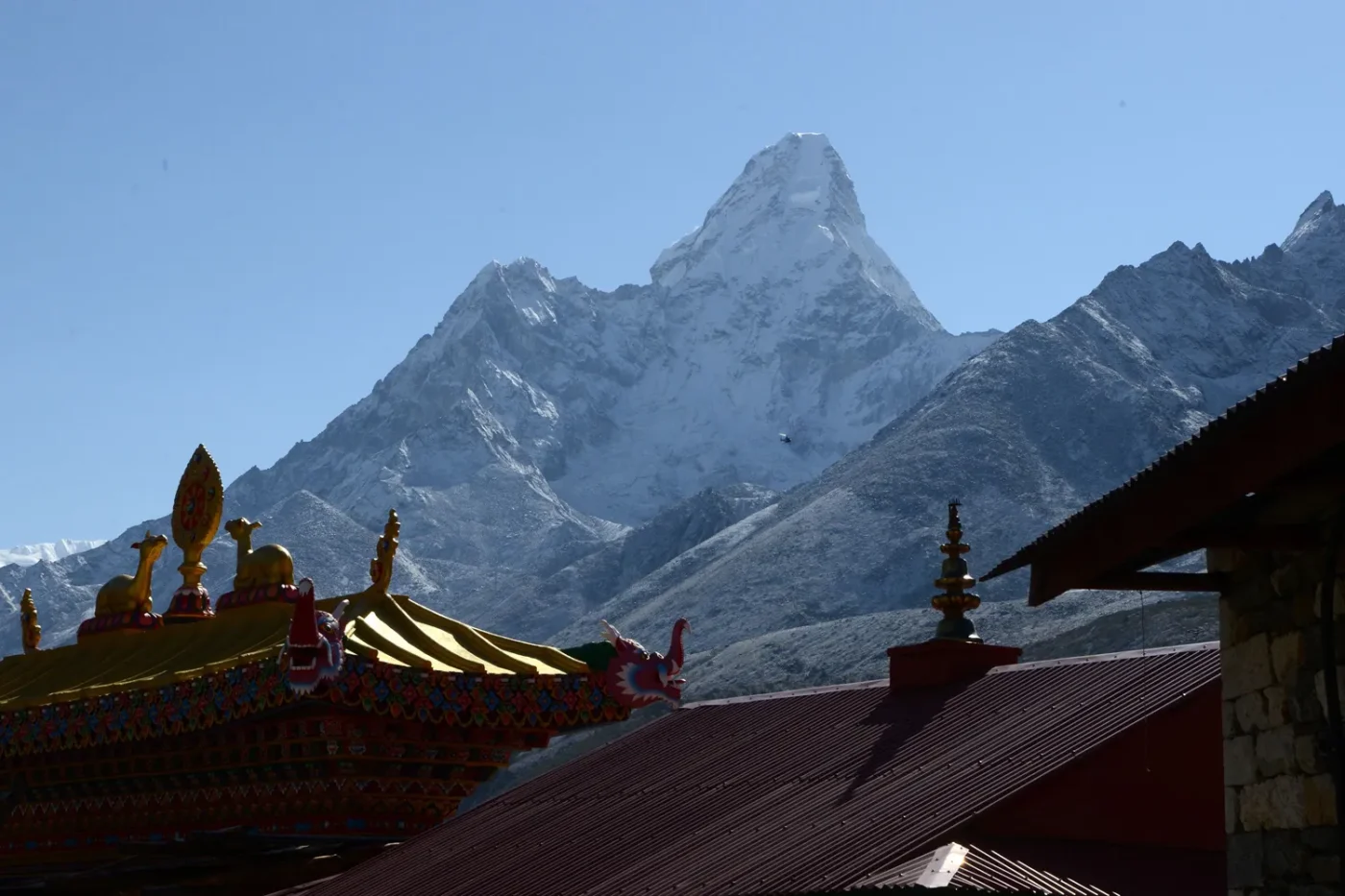 Tengboche Buddhist monastery gate and Mount Ama Dablam, with its 6,812 metre peak, is seen from Tengboche some 300kms north-east of Kathmandu on May 5, 2017