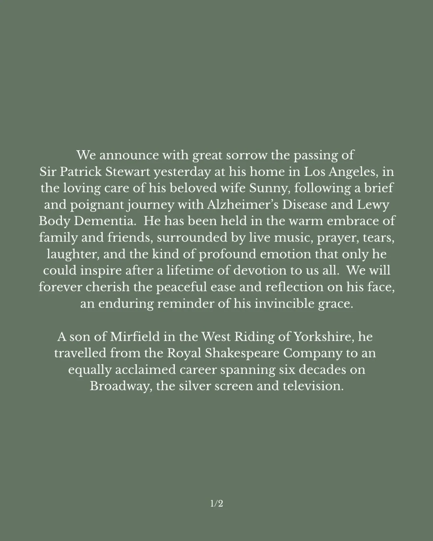 Text announcing the passing of Sir Patrick Stewart following a journey with Alzheimer