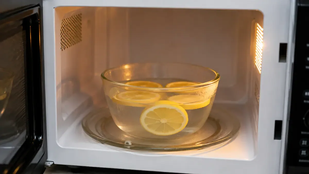 The method relies on steam to soften food splatters and dried-on residue, making them easier to wipe away without scrubbing as hard.