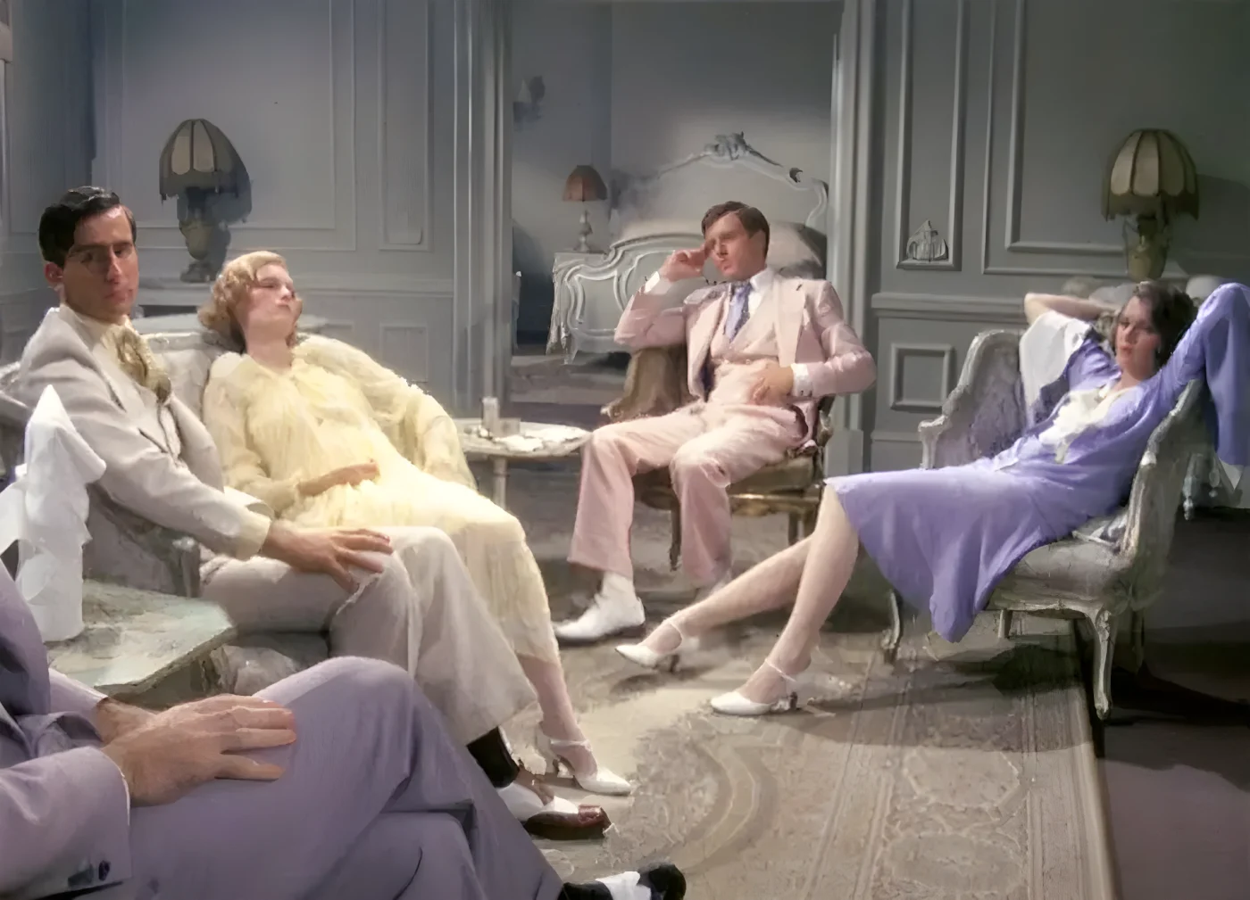 The movie "The Great Gatsby", directed by Jack Clayton, based on the novel by F. Scott Fitzgerald. Seen here, in an uncomfortably warm room at the Plaza Hotel, from left, Sam Waterston as Nick Carraway, Mia Farrow as Daisy Buchanan, Robert Redford as Jay Gatsby and Lois Chiles as Jordan Baker. Initial theatrical release March 29, 1974