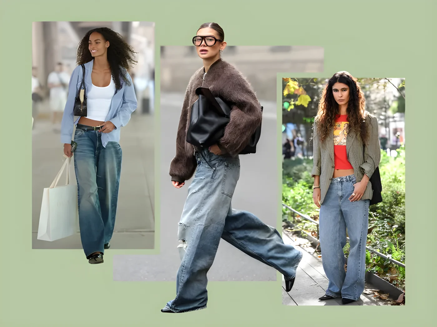 Three individuals modeling baggy jeans styled with different tops in casual urban settings