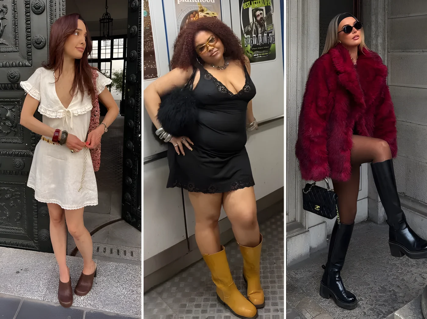 Three individuals styled with footwear matched to dresses one wears loafers another boots and the third high boots with a fur coat