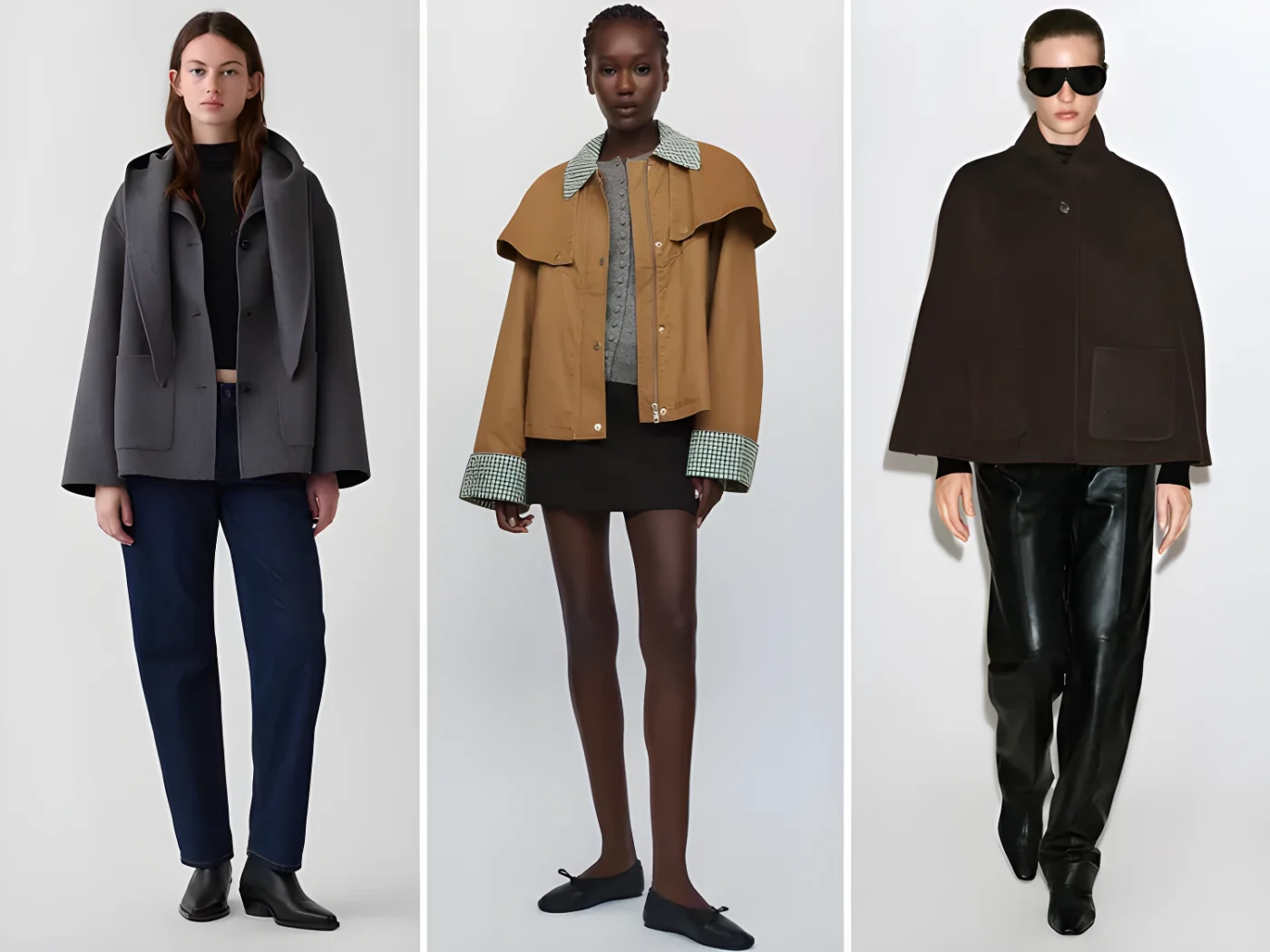Three models in different styles of cape jackets displayed in various outfits