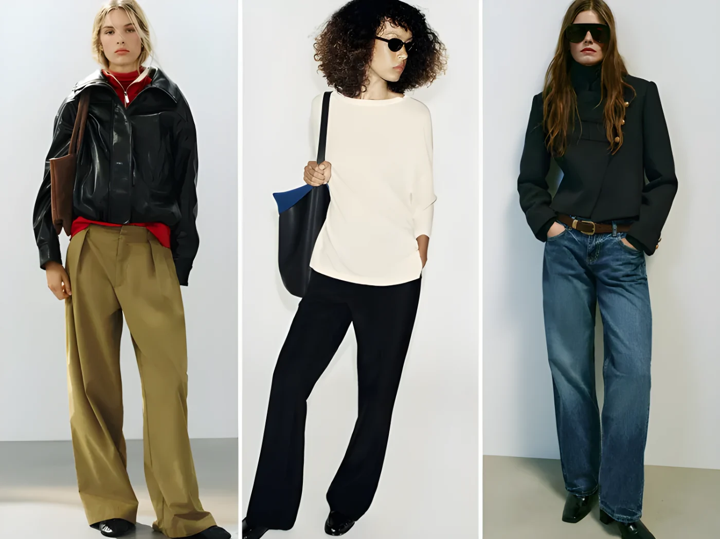 Three models wearing casual outfits standing against a plain background showcasing Zaras weekend deals collection