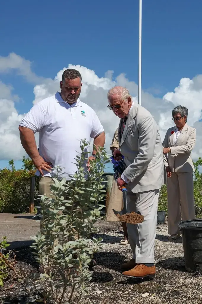 Three people planting a tree; one man in a white polo shirt, another in a gray suit holding a shovel, and a woman in a beige suit observing.