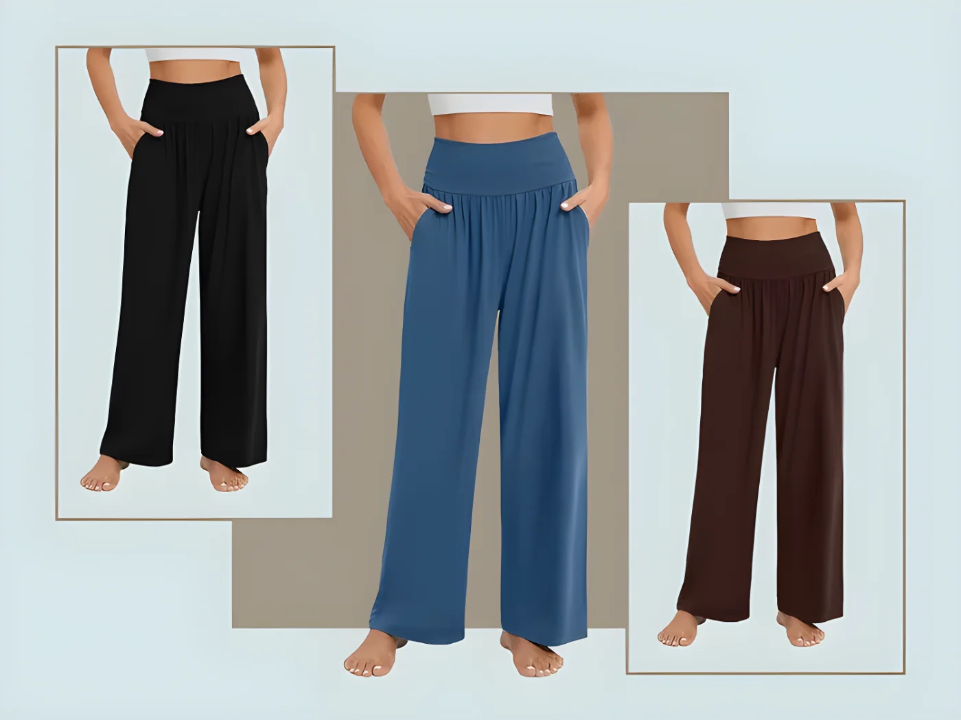 Three sets of comfy pants displayed each shown with a different color option