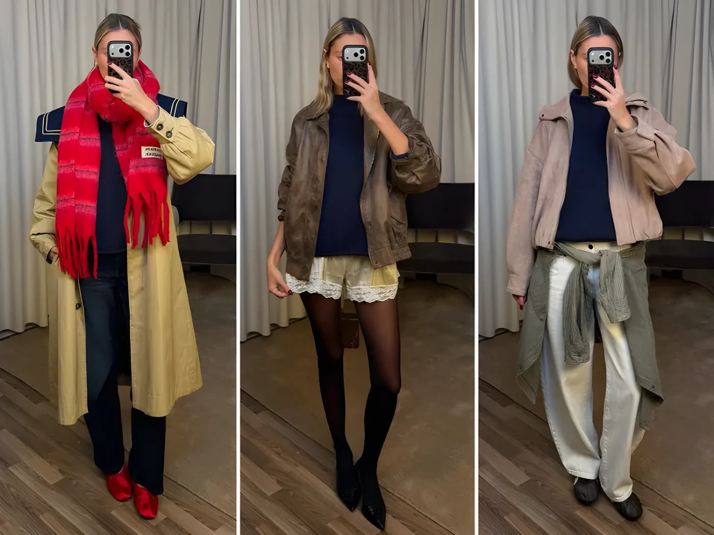 Three sidebyside photos showcasing different outfits on an individual taking selfies with their phone