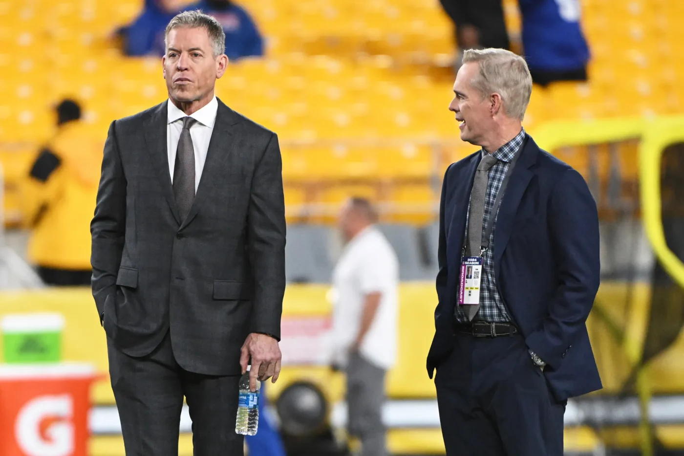 Troy Aikman stands with his Monday Night Football Broadcast announcer Joe Buck