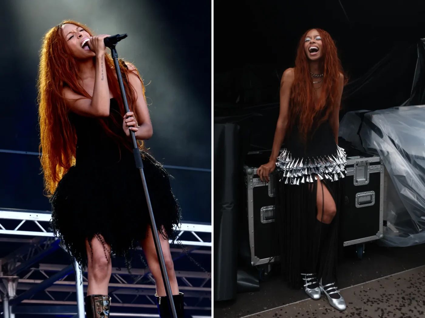 Two images of a singer performing and backstage at a music event holding a microphone in one photo and laughing in another