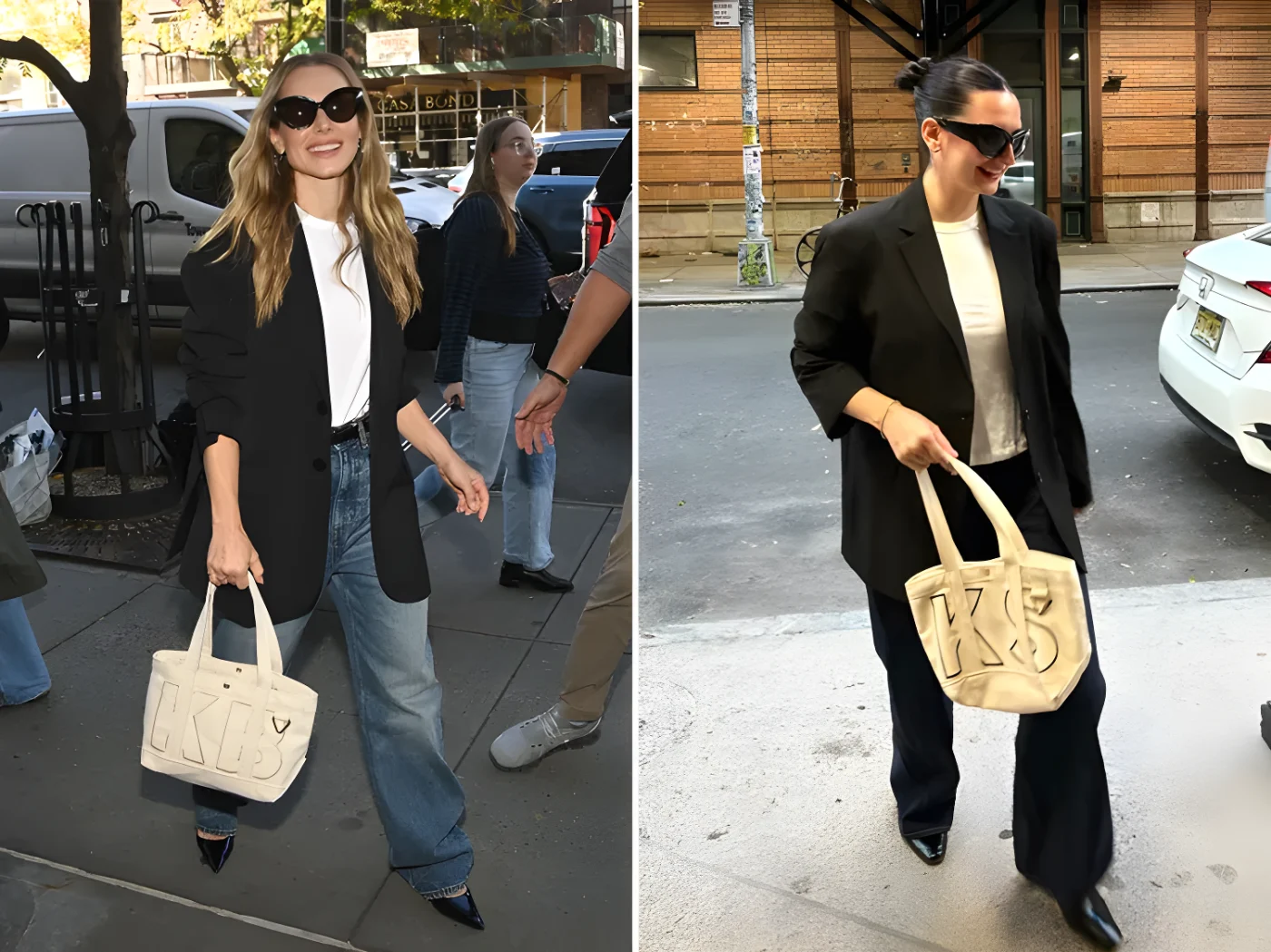 Two individuals in casual outfits carrying similar beige tote bags with initials