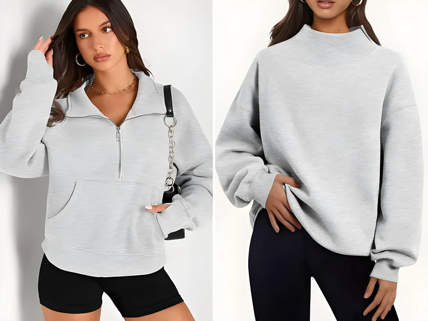 Two individuals wearing relaxed loungewear one in a zipup hoodie and the other in a crewneck sweatshirt showcasing casual outfits