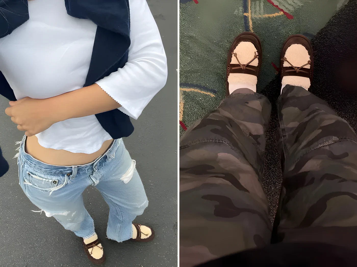 Two outfits featuring fall footwear one with jeans and the other with camouflage pants showcasing the shoes in different styles