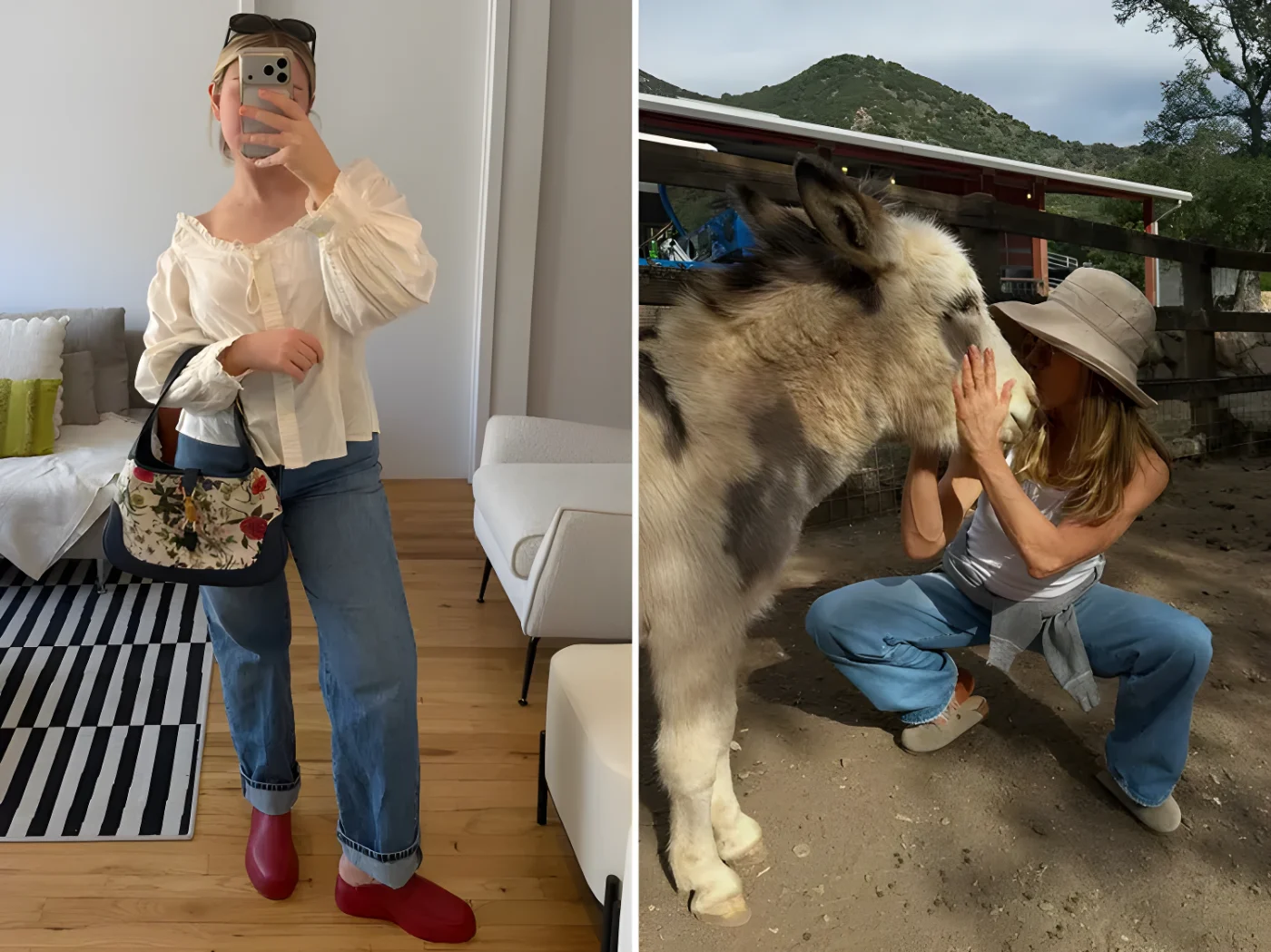 Two scenes one shows a person taking a selfie in a mirror the other shows someone interacting with a donkey outdoors