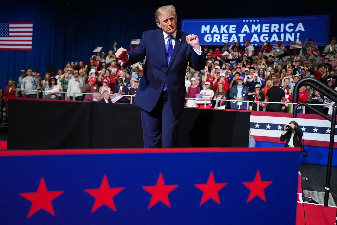 U.S. President Donald Trump dances as he leaves the stage after delivering remarks during a campaign rally at the Rock Hill Sports and Event Center on October 29, 2026 in Rock Hill, South Carolina
