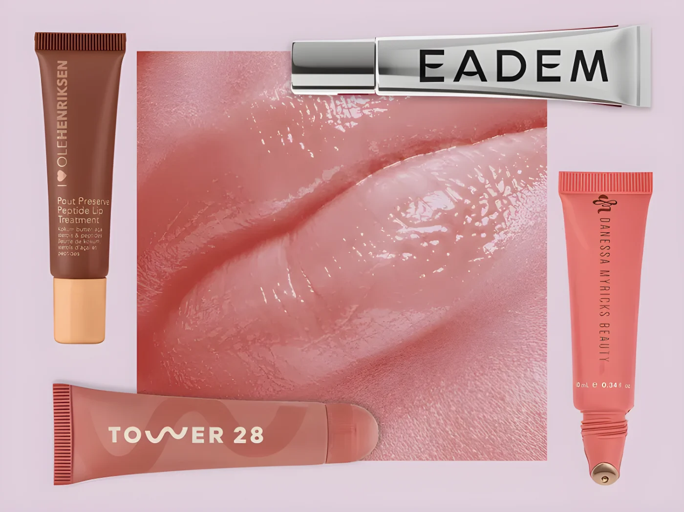 Various tinted lip balm products surrounding an image of glossy lips