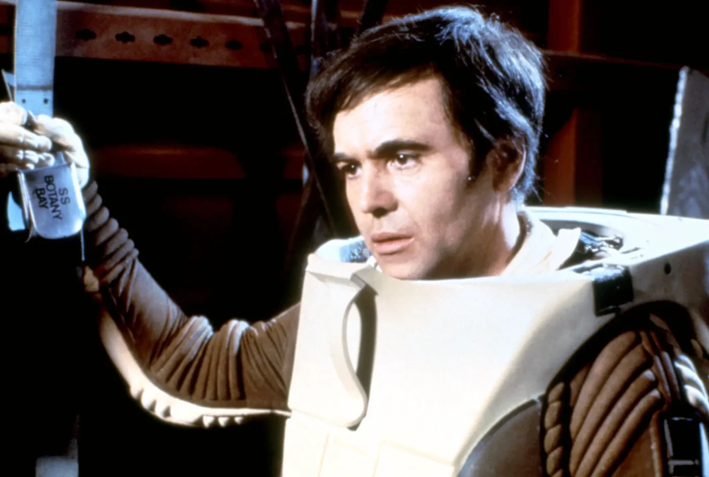 Walter Koenig as Chekov wearing a spacesuit in Star Trek II: The Wrath of Khan.