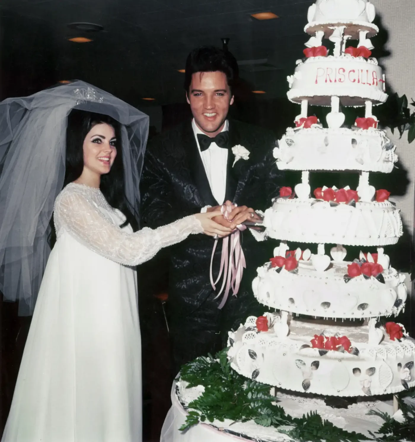 Wedding photo of Elvis Presley and Priscilla on May 01, 1967 at the Aladdin Hotel in Las Vegas, Nevada
