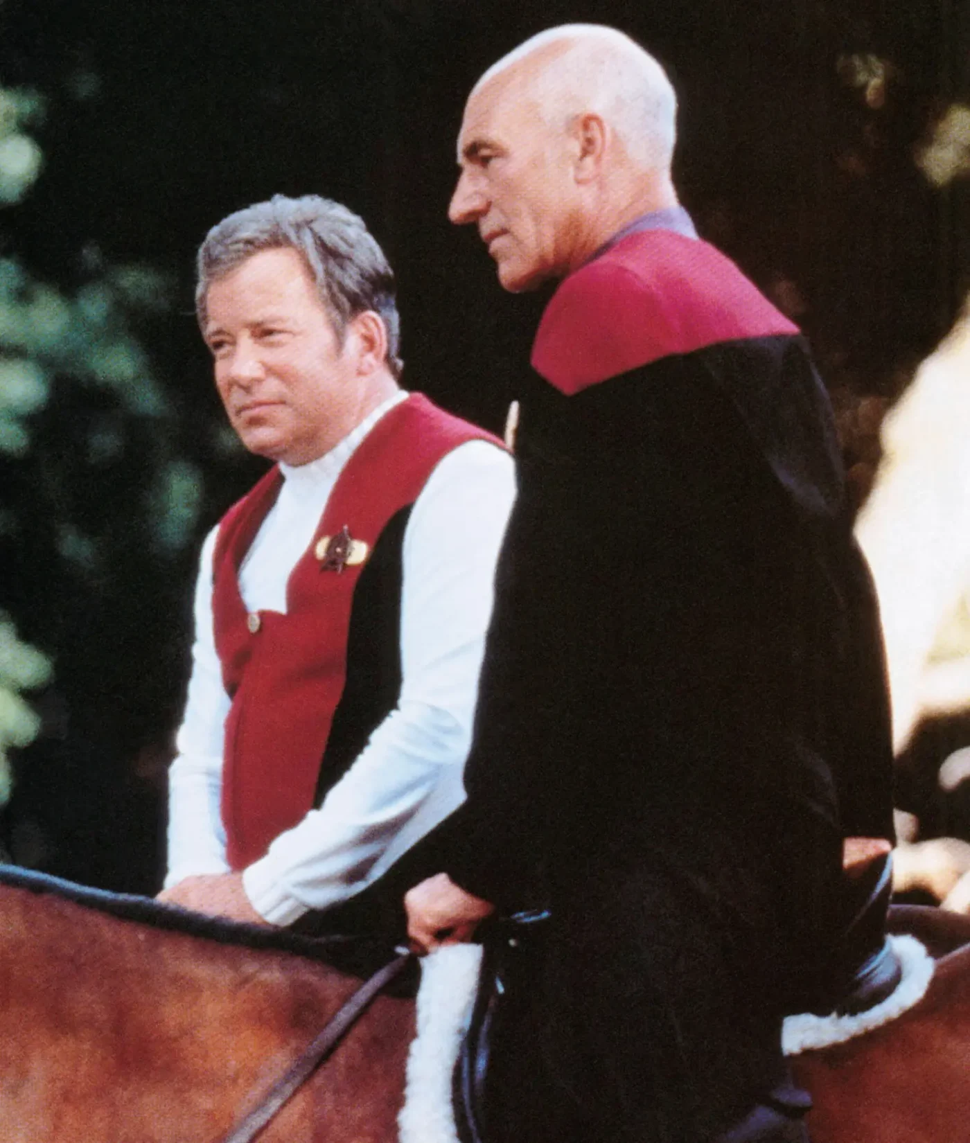 William Shatner and Patrick Stewart on horses in Star Trek: Generations.